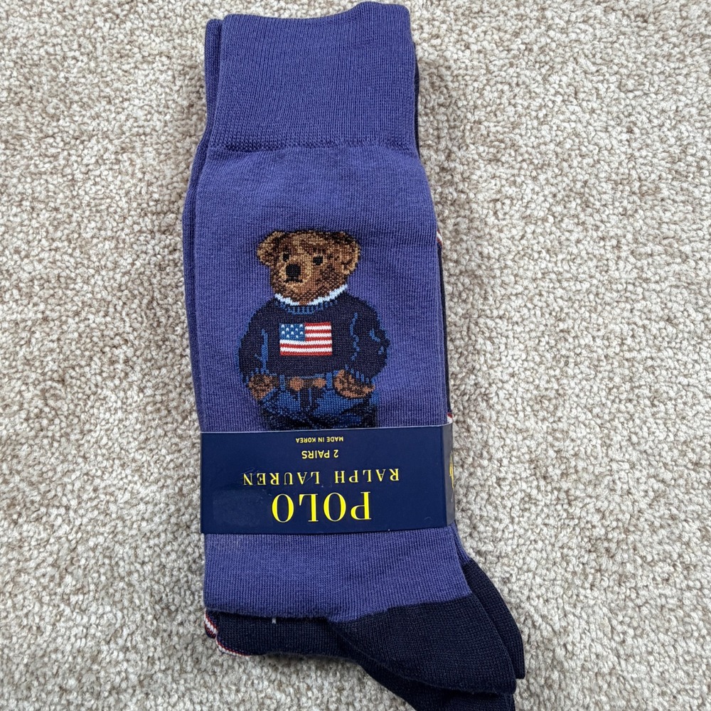 Polo Ralph Lauren Mens 2 Pack Polo Bear American Flag Crew Socks Navy 10-13